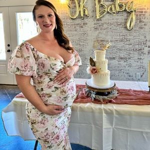 Puff Sleeve Mesh Ruched wrap around Pephem Midi Dress  in soft floral print